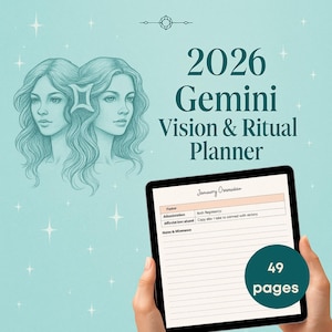 Op de afbeelding: Een turquoise planner met de tekst "2026 Gemini Vision & Ritual Planner". De afbeelding toont een Gemini-illustratie en een tablet met plannerpagina's. De planner heeft 49 pagina's.