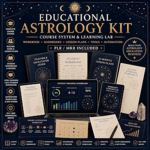May include: An educational astrology kit with workbooks, lesson plans, and a dashboard. The image features a laptop, tablet, and various printed materials, including a teacher's guide and student workbooks. The kit includes PLR/MRR commercial rights.