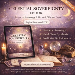 May include: An ebook download titled "Celestial Sovereignty" on a tablet, with advanced astrology and hermetic wisdom. The image includes an open book, candles, crystals, and a crystal ball. The ebook promises high-dimensional natal synthesis and occult knowledge. The image is labelled "Bestseller".
