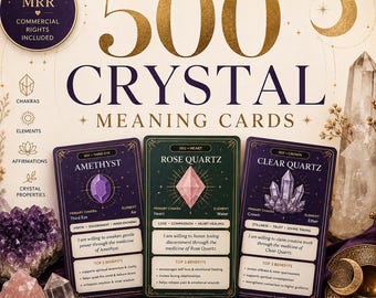 May include: A set of 500 crystal meaning cards featuring three sample cards labeled Amethyst, Rose Quartz, and Clear Quartz. Each card displays a crystal illustration, chakra, element, and affirmations. The text includes PLR MRR Commercial Rights Included.