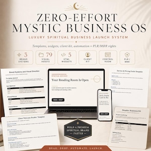 Könnte beinhalten: Ein digitales Geschäftsbetriebssystem namens Zero-Effort Mystic Business OS, bestehend aus einem Laptop und einem Smartphone, die Vorlagen, Markensysteme, visuelle Assets, HTML-Widgets, ein Kunden-Kit und ein Reseller-Business-Kit anzeigen.