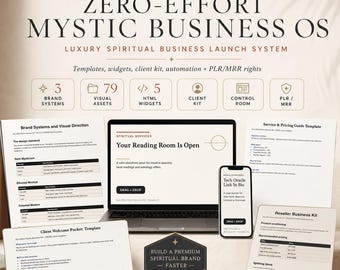 May include: A digital business operating system titled Zero-Effort Mystic Business OS, featuring a laptop and smartphone displaying templates, brand systems, visual assets, HTML widgets, a client kit, and a reseller business kit for spiritual services.