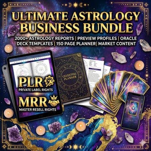 Könnte beinhalten: Werbung für ein Astrologie-Business-Bundle. Das Bild zeigt ein Tablet mit dem Text "PLR PRIVATE LABEL RIGHTS" und "MRR MASTER RESELL RIGHTS", einen Planer, Tarotkarten und ein Smartphone. Der Hintergrund ist ein kosmischer Entwurf mit Kristallen und Kerzen.