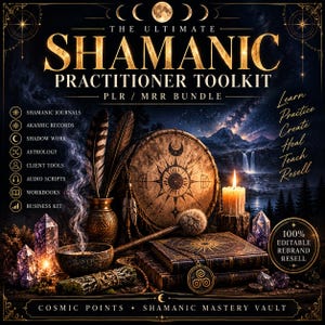 Op de afbeelding: Een digitale afbeelding getiteld The Ultimate Shamanic Practitioner Toolkit PLR/MRR Bundle. Het bevat een trommel, veren, kristallen, een brandende kaars en boeken. Tekst bevat Shamanic Journals, Akashic Records, Shadow Work, Astrology, Client Tools, Audio Scripts, Workbooks, Business Kit en 100% Editable Rebrand Resell.