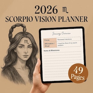 Peut inclure: Un planificateur de vision numérique pour 2026 sur le thème du Scorpion. L'image montre une tablette affichant une page de planificateur avec le texte "Aperçu de janvier" et "Nouvelles intentions". Une illustration détaillée d'une femme avec un symbole du Scorpion est également présente. Le planificateur compte 49 pages.