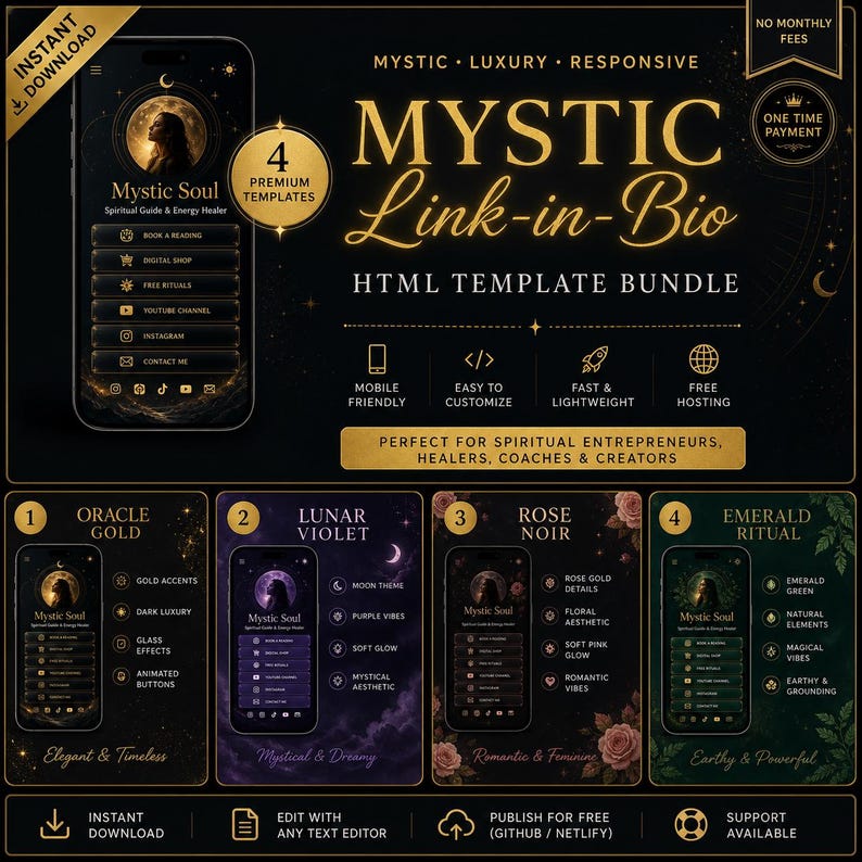 Mystic Link in Bio HTML Template Bundle, 4 Spiritual Website Templates, Linktree Alternative for Instagram TikTok, Tarot Reader, Astrologer, Coach