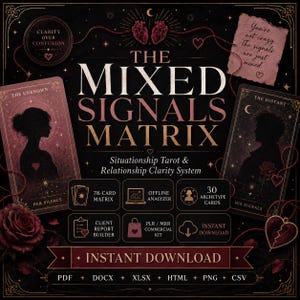 May include: A digital product titled The Mixed Signals Matrix featuring tarot-style cards, a 78-card matrix, 30 archetype cards, and an offline analyzer. The design includes dark backgrounds, red roses, anatomical hearts, and text in English.