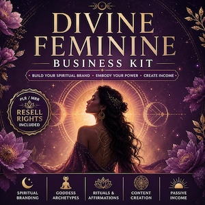 Pode incluir: Gráfico digital promovendo um "Kit de Negócios Feminino Divino". A imagem apresenta uma mulher em um vestido roxo, cercada por elementos florais e celestes. O texto inclui "Construa sua marca espiritual", "Incorpore seu poder" e "Crie renda". Direitos de revenda incluídos.