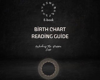 Könnte beinhalten: Eine digitale Schwarzweißillustration eines Geburtshoroskop-Leseleitfadens mit dem Text "Birth Chart Reading Guide" und "Unlocking the Hidden Code".