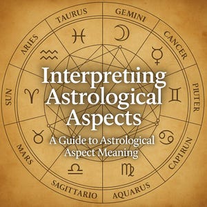 May include: A circular chart with astrological symbols and text. The text reads "Interpreting Astrological Aspects" and "A Guide to Astrological Aspect Meaning." The chart is on a tan background with a vintage aesthetic.