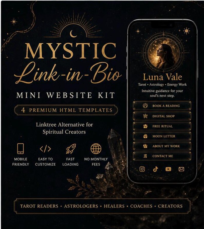 Mystic Link in Bio HTML Template Bundle, 4 Spiritual Website Templates, Linktree Alternative for Instagram TikTok, Tarot Reader, Astrologer, Coach