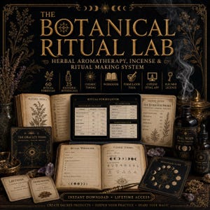 May include: The Botanical Ritual Lab system features a digital tablet displaying a ritual formulator, an open workbook with cosmic timing charts, and printed cards for lavender and frankincense. Includes incense recipes, oil formulas, and a moon phase guide.