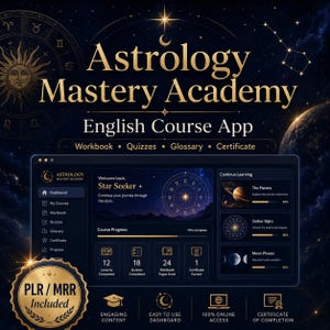 Könnte beinhalten: Digitale Werbung für die "Astrology Mastery Academy" Englischkurs-App. Das Bild zeigt einen dunkelblauen Hintergrund mit Himmelselementen. Die App-Oberfläche wird angezeigt und zeigt den Kursfortschritt und Funktionen wie Arbeitsbücher und Quizze.