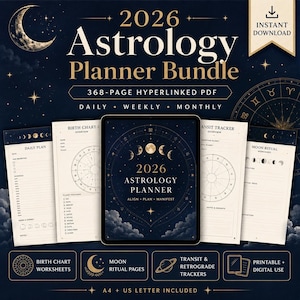 Astrologie-Planer-Paket 2026: 368-seitiges, verlinktes PDF, Geburtsdiagramm-Arbeitsbuch, Mondritual- und Transit-Tracker