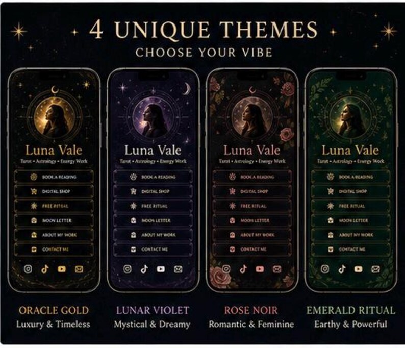 Mystic Link in Bio HTML Template Bundle, 4 Spiritual Website Templates, Linktree Alternative for Instagram TikTok, Tarot Reader, Astrologer, Coach
