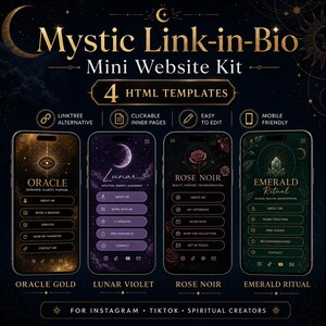 May include: A digital product advertisement for a Mystic Link-in-Bio Mini Website Kit. The image showcases four mobile-friendly HTML templates: Oracle Gold, Lunar Violet, Rose Noir, and Emerald Ritual. The templates are designed for Instagram, TikTok, and spiritual creators.