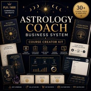 Op de afbeelding: Een digitaal bedrijfssysteem voor astrologiecoaches met een centrale laptop die een dashboard toont, omringd door diverse handleidingen, cursusontwerpsjablonen, workshop-pakketten en certificaten in zwart en goud.