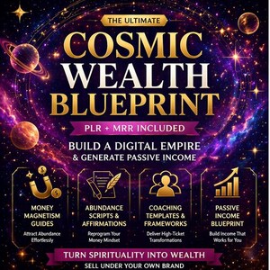 以下が含まれることがあります： 宇宙をテーマにしたデジタルグラフィックで、金色の文字で「COSMIC WEALTH BLUEPRINT」と書かれています。画像には、お金、豊かさ、コーチング、受動的収入を表す惑星、星、アイコンが含まれています。「BUILD A DIGITAL EMPIRE & GENERATE PASSIVE INCOME」というテキストも表示されています。