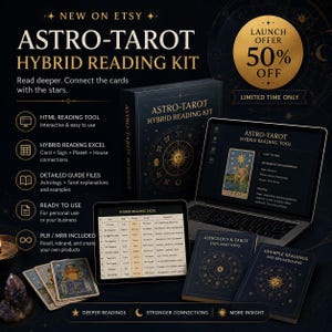 May include: An Astro-Tarot Hybrid Reading Kit is displayed with a laptop, tablet, and books. The kit includes an HTML reading tool, hybrid reading excel, detailed guide files, and ready-to-use materials. The kit is dark blue with gold accents and the text "ASTRO-TAROT HYBRID READING KIT".