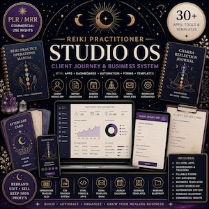 May include: A digital Reiki Practitioner Studio OS business system featuring a laptop, tablet, and smartphone displaying dashboards, client intake forms, and practice manuals with celestial gold graphics on a dark purple background.