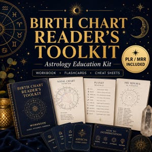 May include: A dark blue astrology education kit with gold text reading "BIRTH CHART READER'S TOOLKIT". The kit includes a workbook, flashcards, and cheat sheets. The image also features a crystal and a gold-coloured lantern.
