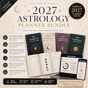 Puede incluir: Anuncio de un paquete de planificador de astrología 2027. La imagen presenta varios libros de planificación, una computadora portátil y un teléfono inteligente, todos mostrando información relacionada con la astrología. El texto incluye "2027 Astrology Planner Bundle" y "Plan with the stars. Manifest your year."