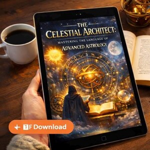 Puede incluir: Una tableta muestra la portada del libro "The Celestial Architect: Mastering the Language of Advanced Astrology". La imagen presenta un diseño celestial con una figura con una túnica oscura leyendo un libro. También se ve una taza de café y un libro abierto.