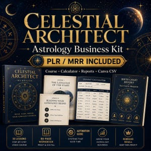 May include: A dark blue Astrology Business Kit with the text "CELESTIAL ARCHITECT" in gold. The kit includes a workbook, guide, and reports. The kit also includes the text "PLR / MRR INCLUDED".