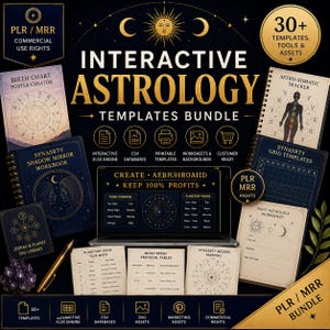 May include: An interactive astrology templates bundle featuring a laptop displaying a dashboard, surrounded by various workbooks, worksheets, and charts with celestial motifs. The collection includes PLR and MRR commercial use rights, 30+ templates, tools, and assets for creating astrology-themed content.