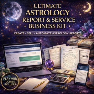 Könnte beinhalten: Ein Bild, das ein Astrologie-Business-Kit bewirbt. Es zeigt einen Laptop mit einem Astrologie-Berichtsgenerator, Geldbündel, gedruckte Berichte, einen Taschenrechner, ein Smartphone und eine Kristallkugel. Der Text lautet "ULTIMATE ASTROLOGY REPORT & SERVICE BUSINESS KIT."