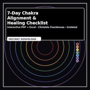 Peut inclure: Graphique de téléchargement numérique avec le texte "7-Day Chakra Alignment & Healing Checklist". Le design présente des cercles concentriques aux couleurs de l'arc-en-ciel sur fond noir, avec une rangée de points colorés. Le texte "Instant Download" est également présent.