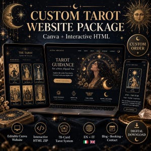Könnte beinhalten: Eine digitale Produktpräsentation mit Laptop, Tablet und Smartphone, die ein individuelles Tarot-Website-Paket zeigt. Die schwarz-goldene Benutzeroberfläche enthält den Text CUSTOM TAROT WEBSITE PACKAGE, LUNA ARCANA und TAROT GUIDANCE.