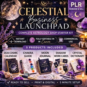 Puede incluir: Imagen promocional para un Celestial Business Launchpad, un kit de inicio completo para una tienda de astrología. La imagen presenta un tema oscuro y celestial con una luna y estrellas. Incluye un calendario cósmico 2026, una guía de chakras, un diario lunar, tarjetas de trabajo de sombras y un diccionario de cristales.