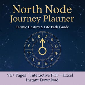 Op de afbeelding: Een digitale planner getiteld "North Node Journey Planner" met de ondertitel "Karmic Destiny & Life Path Guide". Het ontwerp toont een gouden astrologische cirkel op een donkerblauwe achtergrond met sterrenbeelden. De tekst onderaan luidt "90+ Pages | Interactive PDF + Excel | Instant Download."