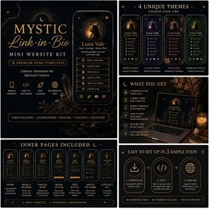 Mystic Link in Bio HTML Template Bundle, 4 Spiritual Website Templates, Linktree Alternative for Instagram TikTok, Tarot Reader, Astrologer, Coach
