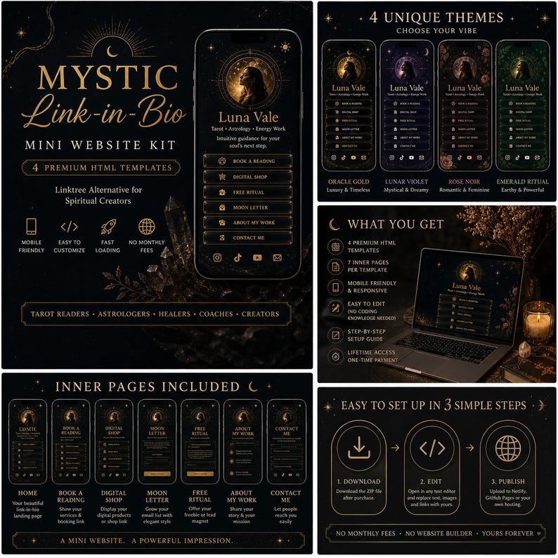 Mystic Link in Bio HTML Template Bundle, 4 Spiritual Website Templates, Linktree Alternative for Instagram TikTok, Tarot Reader, Astrologer, Coach