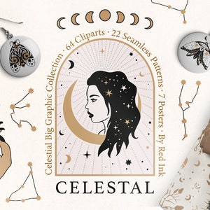 Celestial Woman Mystic Clipart Bundle 64 Illustrations, 22 Patterns, 7 Posters - Digital Download