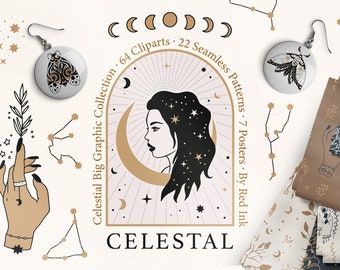 Celestial Woman Mystic Clipart Pacote 64 ilustrações, 22 padrões, 7 pôsteres - download digital