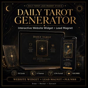 May include: A Daily Tarot Generator digital product display featuring a laptop and smartphone showing an interactive tarot widget. The black and gold interface includes text like Daily Tarot, Draw, Reveal, and Convert, with icons for 78 cards, 3 themes, a CTA funnel, and PLR/MRR labels.