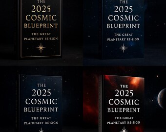 Könnte beinhalten: Vier Buchcover mit dem Titel "The 2025 Cosmic Blueprint" und dem Untertitel "The Great Planetary Re-Sign". Die Cover sind in Schwarz, Marineblau und Rot gehalten und zeigen eine Sternengrafik. Die Bücher werden vor einem dunklen Hintergrund präsentiert.