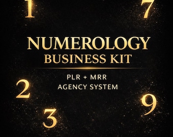 Puede incluir: Fondo negro con texto dorado. El texto dice "NUMEROLOGÍA BUSINESS KIT". Se muestran los números dorados 1, 2, 3, 7 y 9. El texto "PLR + MRR AGENCY SYSTEM" también está incluido en oro.