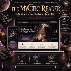 Puede incluir: Una plantilla de sitio web de Canva editable titulada The Mystic Reader, mostrada en una pantalla de portátil y smartphone. El diseño presenta motivos celestiales en morado oscuro y dorado, incluyendo lunas y estrellas, con texto sobre astrología.