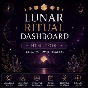 Könnte beinhalten: Digitalgrafik mit dunkelviolettem Hintergrund und dem Text "LUNAR RITUAL DASHBOARD" in Gold und Weiß. Das Bild enthält Mondphasen, Kristalle und Symbole für Mondphasen-Tracking, tägliche Ritualvorschläge und ein interaktives Dashboard.