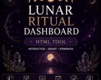 May include: A digital graphic with a dark purple background featuring the text "LUNAR RITUAL DASHBOARD" in gold and white. The image includes moon phases, crystals, and icons for moon phase tracking, daily ritual suggestions, and an interactive dashboard.
