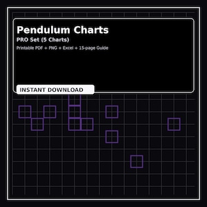 Könnte beinhalten: Ein digitales Produktbild mit dem Text "Pendulum Charts" in Weiß, mit dem Untertitel "PRO Set (5 Charts)". Das Bild enthält auch den Text "Printable PDF + PNG + Excel + 15-page Guide" und "INSTANT DOWNLOAD" auf schwarzem Hintergrund mit einem Raster.