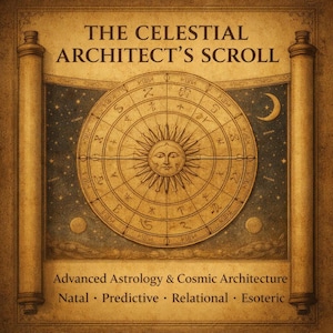 May include: A vintage-style scroll titled "The Celestial Architect's Scroll." The design features a central circular astrological chart with a sun face, surrounded by zodiac symbols. The scroll includes text about advanced astrology and cosmic architecture.