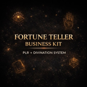 May include: A dark background with gold text and illustrations. The text reads "FORTUNE TELLER BUSINESS KIT" and "PLR + DIVINATION SYSTEM". Illustrations include an eye, a hand, a book, and a geometric shape.