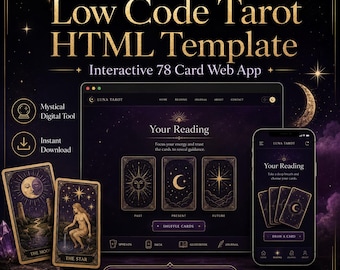 May include: A digital product display for a Low Code Tarot HTML Template featuring an interactive 78-card web app. The design includes a dark purple and gold celestial theme with tarot card graphics, a desktop browser view, and a mobile phone interface.