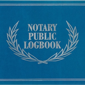 May include: A blue notary public logbook with a silver laurel wreath design and the words "Notary Public Logbook" printed in silver.
