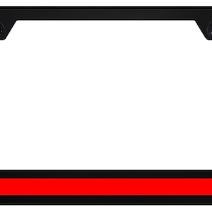 May include: Black license plate frame with a red stripe at the bottom. The frame has a rectangular shape with rounded corners and two mounting holes at the top. The background is white.